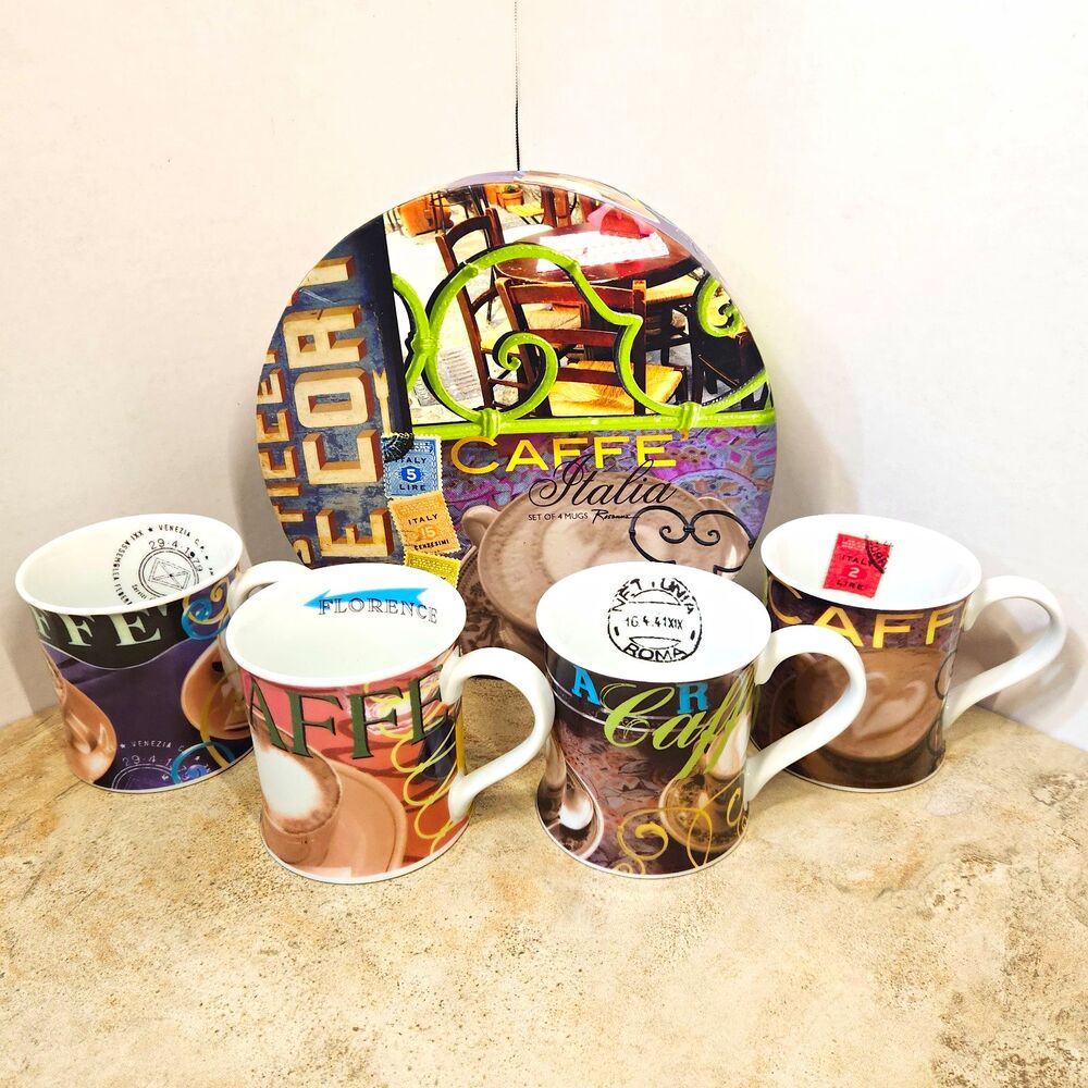 Rosanna Caffe Italia Set of 4 Coffee Mug Set Ceramic 12oz Multicolor Abstract